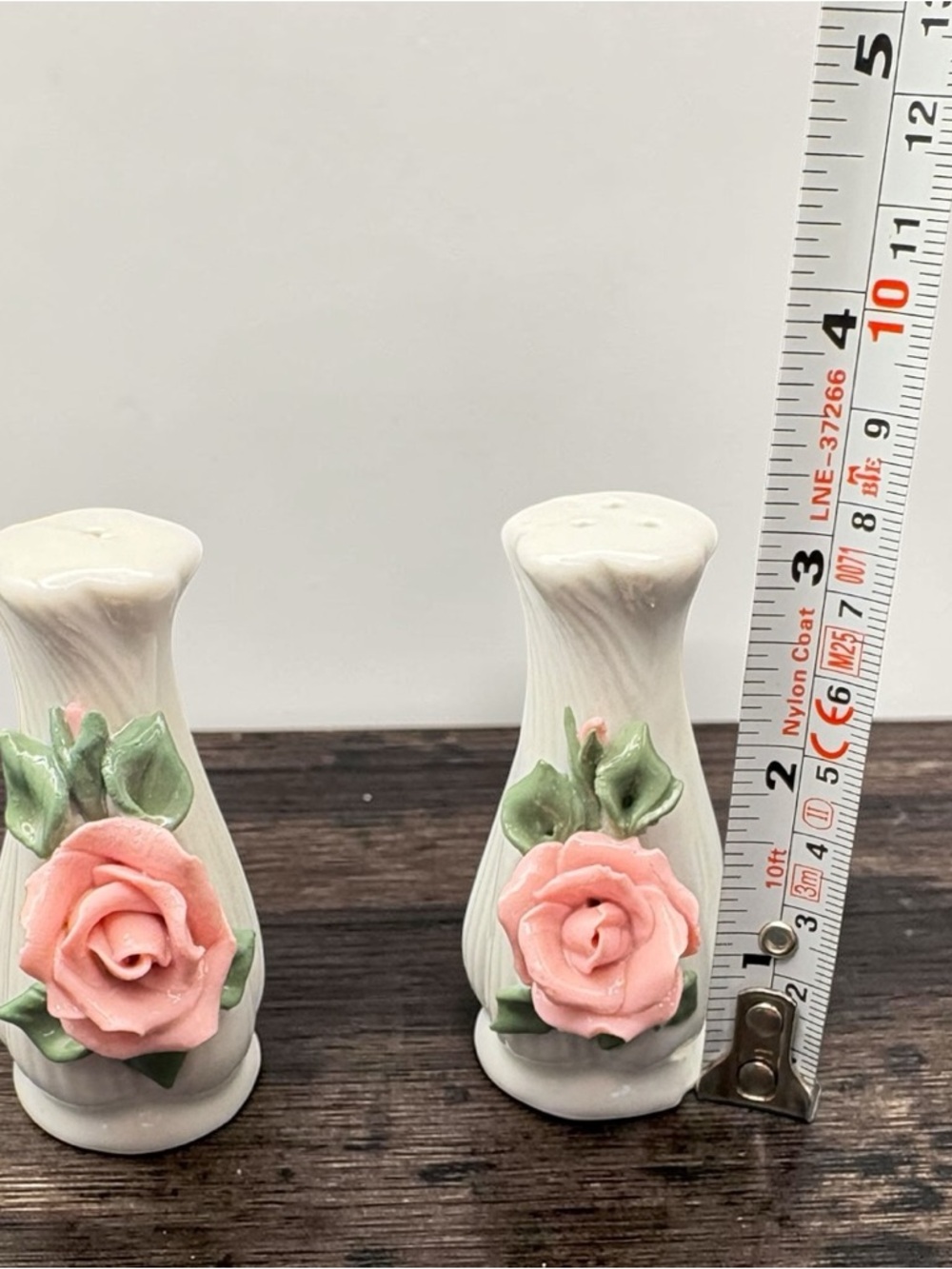 Vintage Porcelain White Salt & Pepper Shakers w/ Molded Pink Rose & Green Leaves - Picture 9 of 12